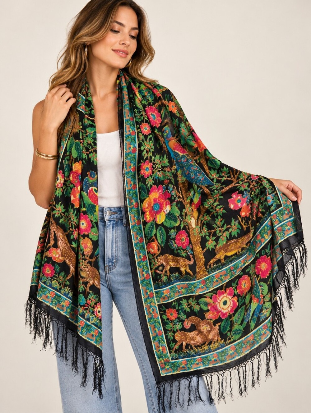 Boho Jungle Animal Floral Print Fringe Scarf Shawl Wrap